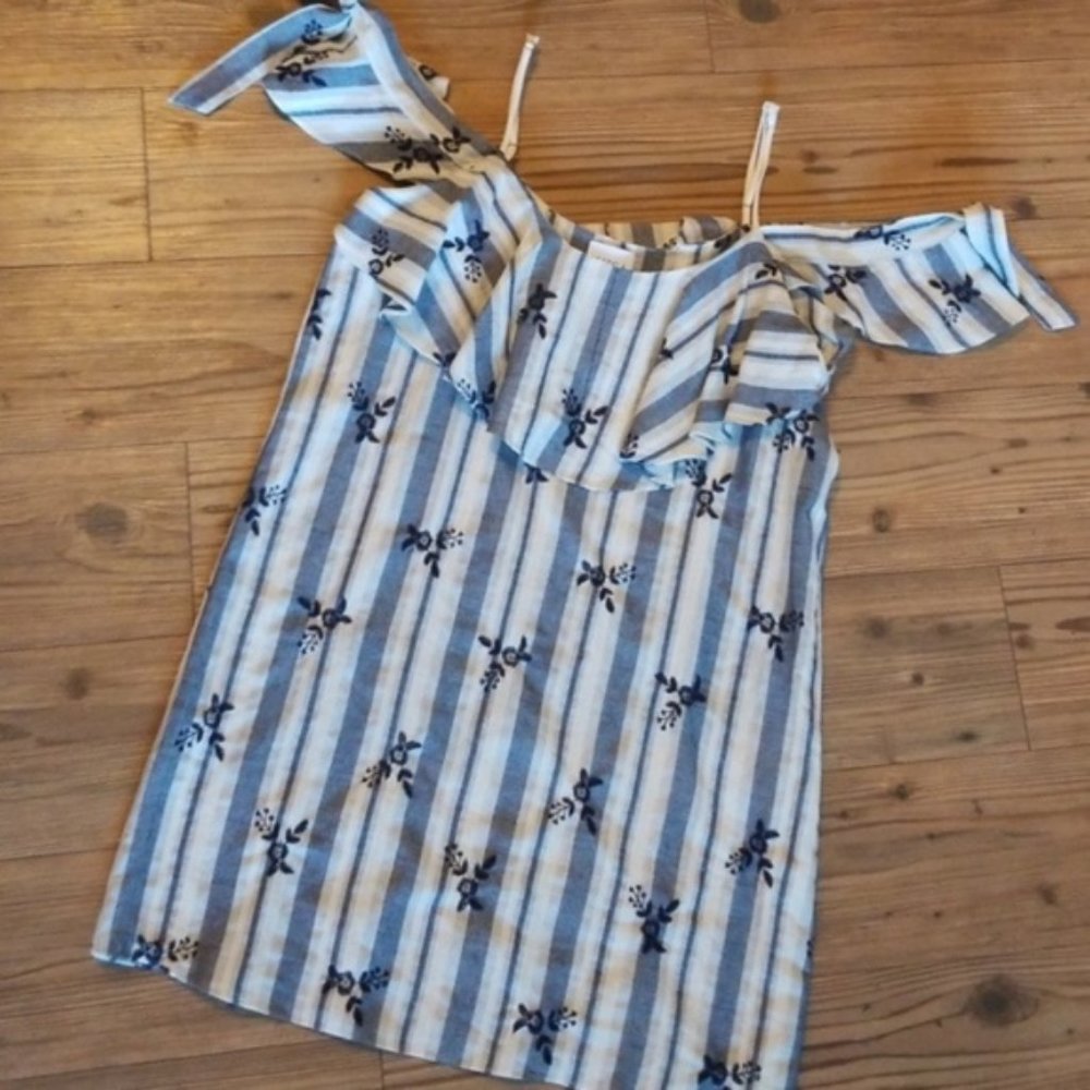 NWT MISA Cold Shoulder Navy Striped Ruffle Dress